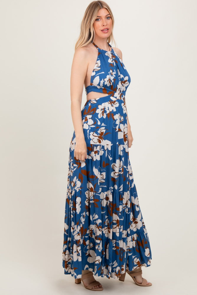 Blue Floral Halter Side Cutout Maxi Dress