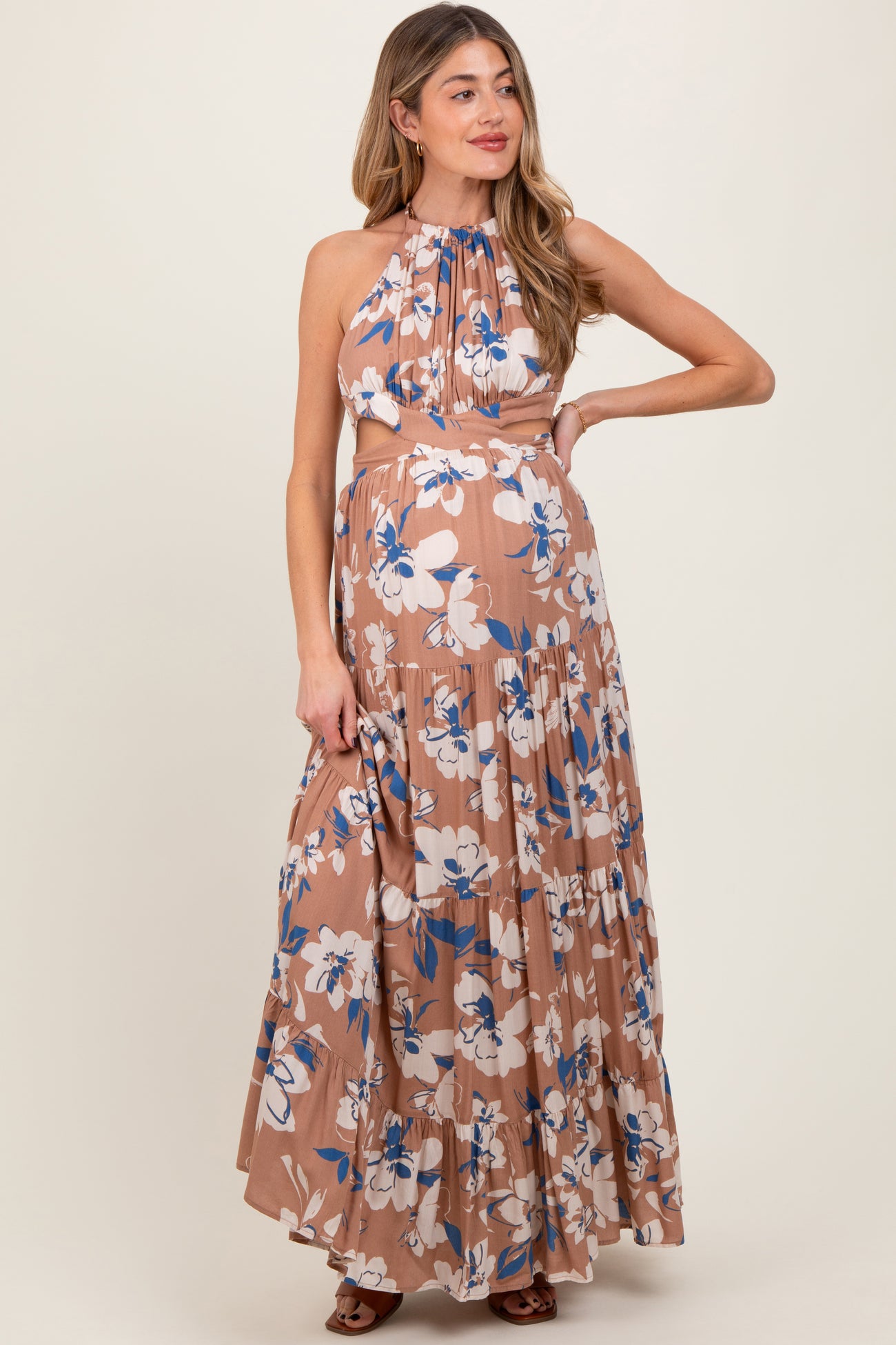Taupe Floral Halter Side Cutout Maternity Maxi Dress