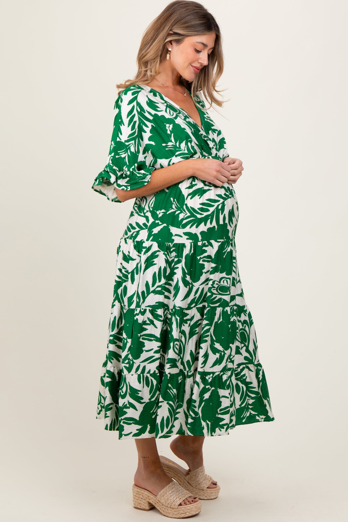 Green Abstract Floral V-Neck Tiered Maternity Midi Dress