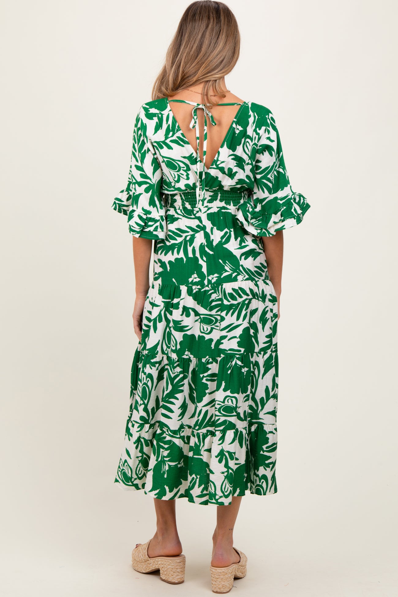 Green Abstract Floral V-Neck Tiered Maternity Midi Dress