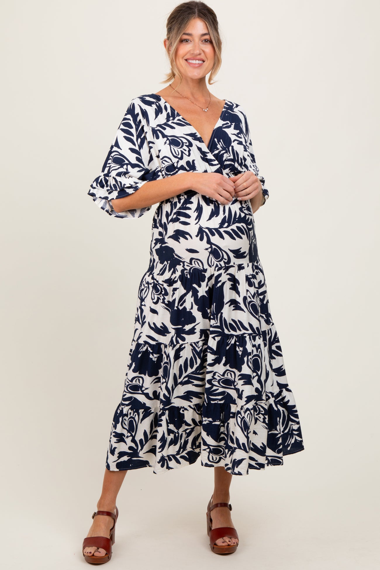 Navy Abstract Floral V-Neck Tiered Maternity Midi Dress