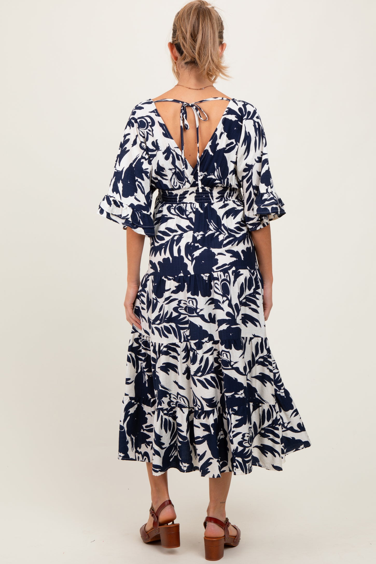 Navy Abstract Floral V-Neck Tiered Maternity Midi Dress