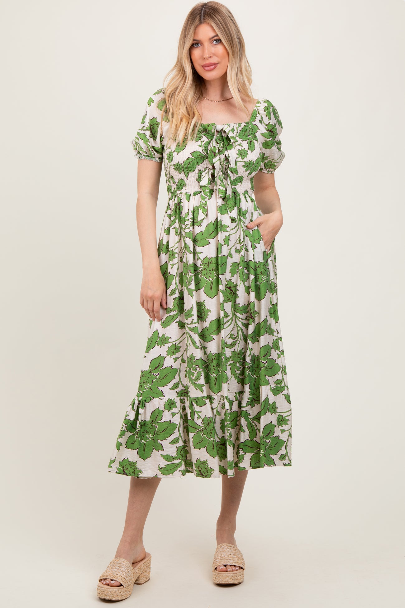 Green Floral Smocked Triple Front Tie Midi Dress