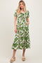 Green Floral Smocked Triple Front Tie Midi Dress