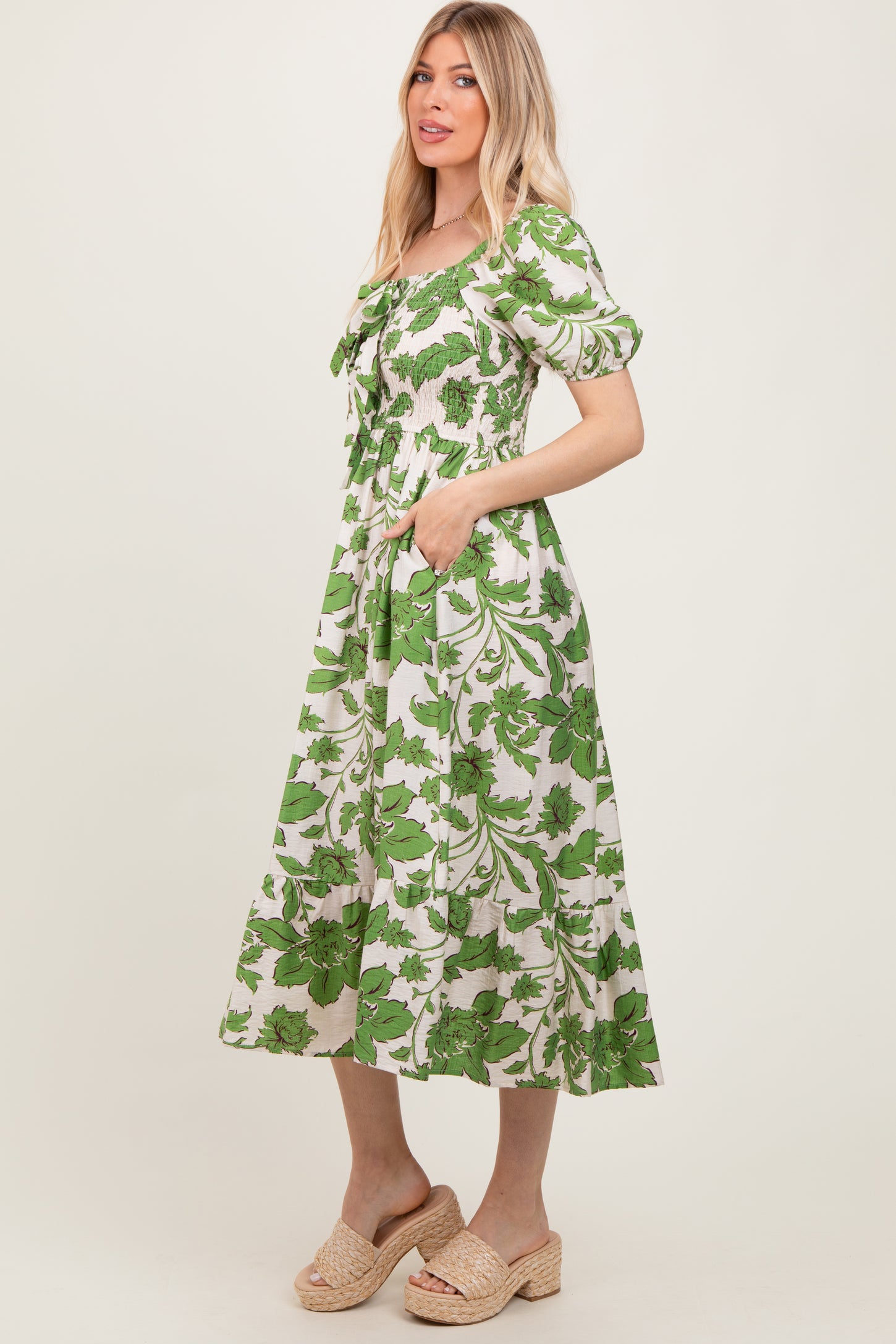 Green Floral Smocked Triple Front Tie Midi Dress