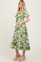 Green Floral Smocked Triple Front Tie Midi Dress