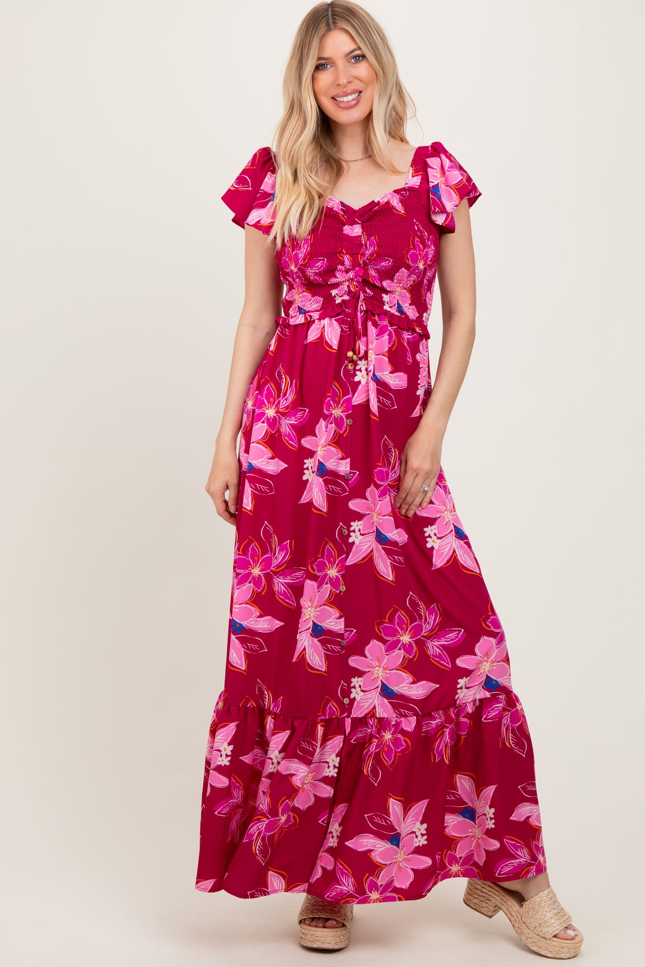 Magenta Floral Smocked Cinched Top Maternity Maxi Dress