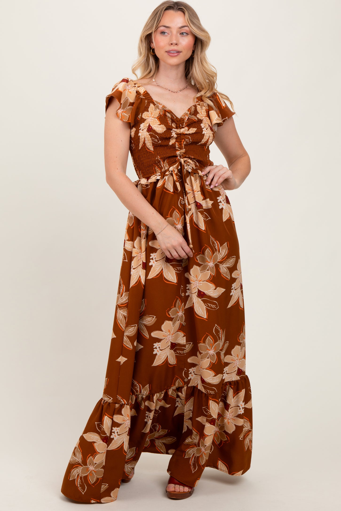 Mocha Floral Smocked Cinched Top Maternity Maxi Dress