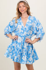 Light Blue Floral Deep V-Neck Maternity Mini Dress