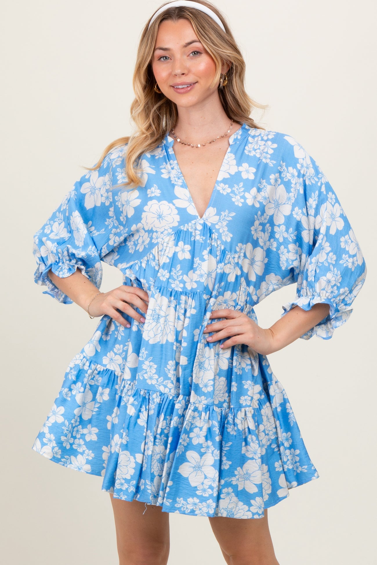 Light Blue Floral Deep V-Neck Mini Dress