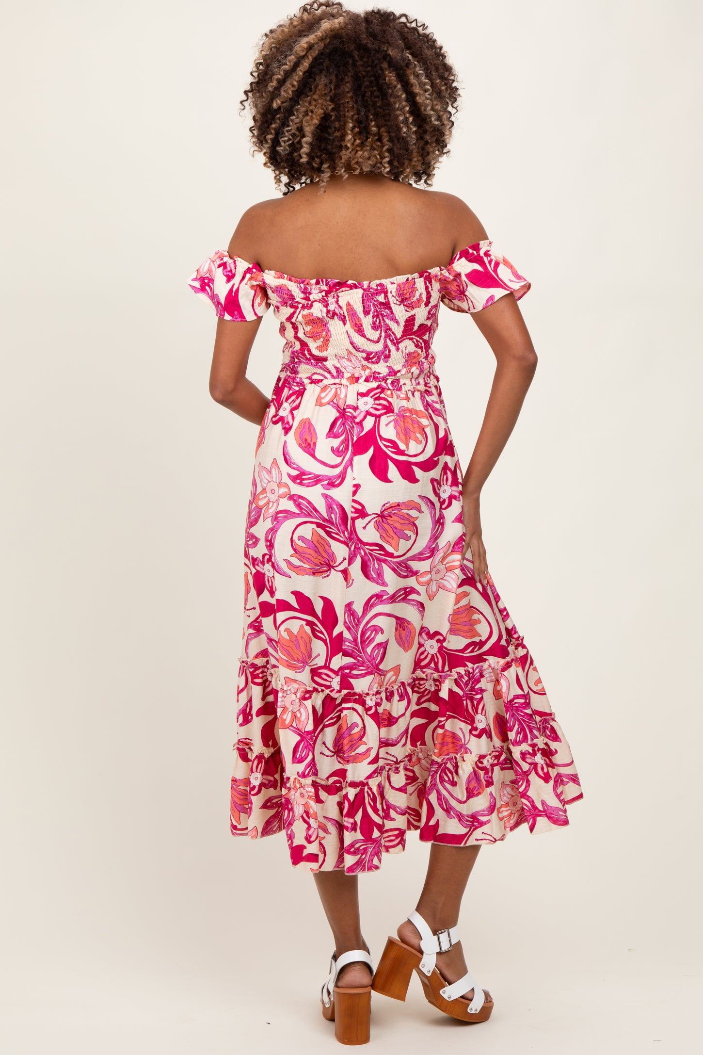 Magenta Multi Smocked Top Woven Maternity Midi Dress