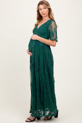 Green Lace Mesh Overlay Maternity Maxi Dress