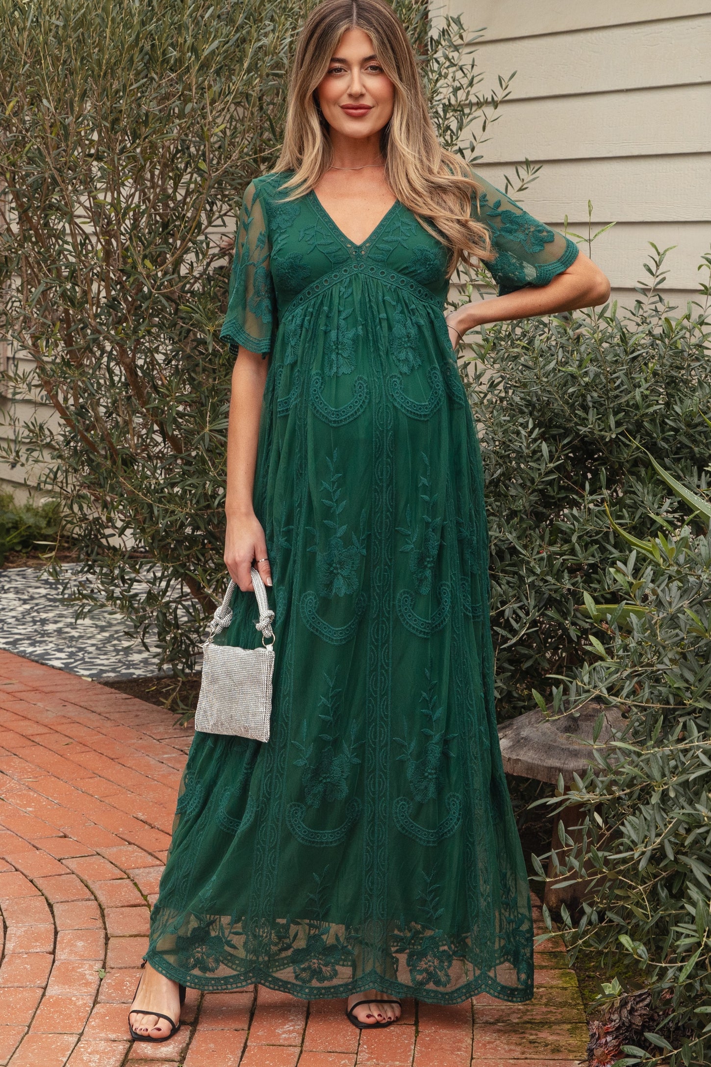 Green Lace Mesh Overlay Maternity Maxi Dress