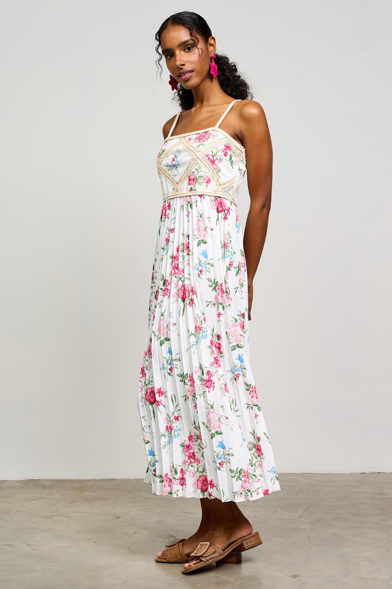 White Floral Pleated Crotchet Detail Midi Dress