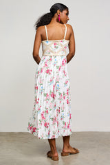 White Floral Pleated Crotchet Detail Midi Dress