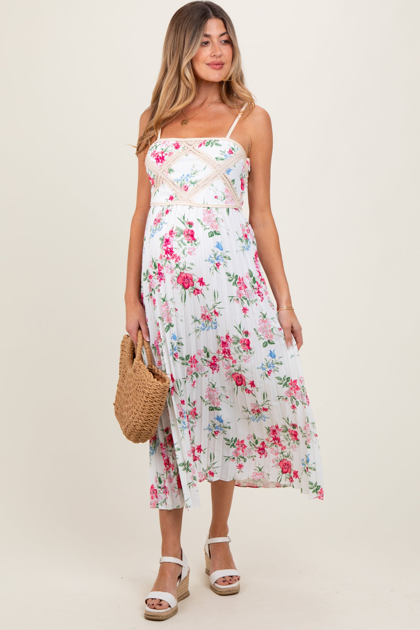 White Floral Pleated Crotchet Detail Maternity Midi Dress