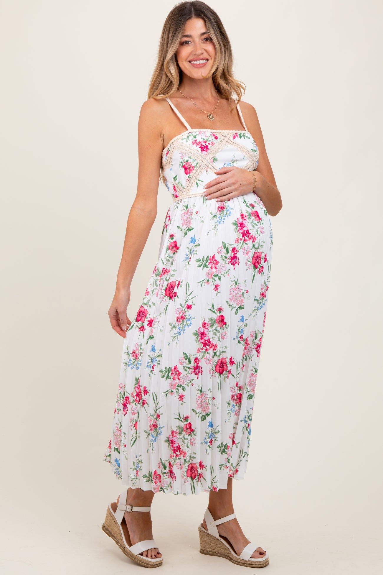 White Floral Pleated Crotchet Detail Maternity Midi Dress