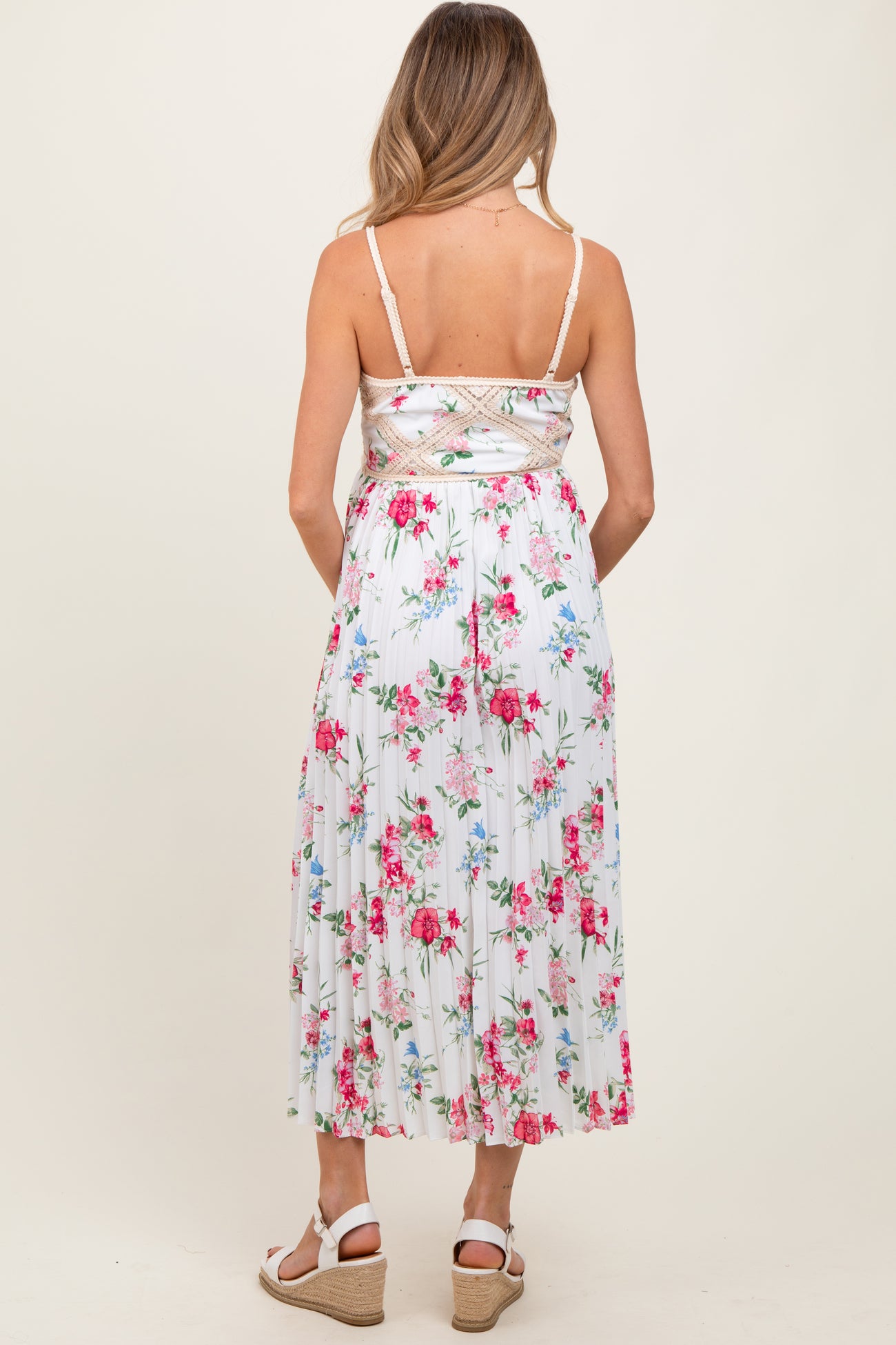 White Floral Pleated Crotchet Detail Maternity Midi Dress