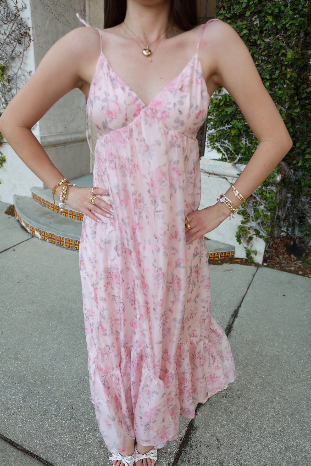 Pink Floral Satin Ruffle Hem Maxi Dress