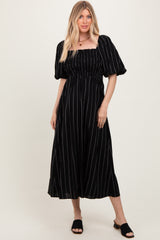 Black Linen Stripe Puff Sleeve Midi Dress