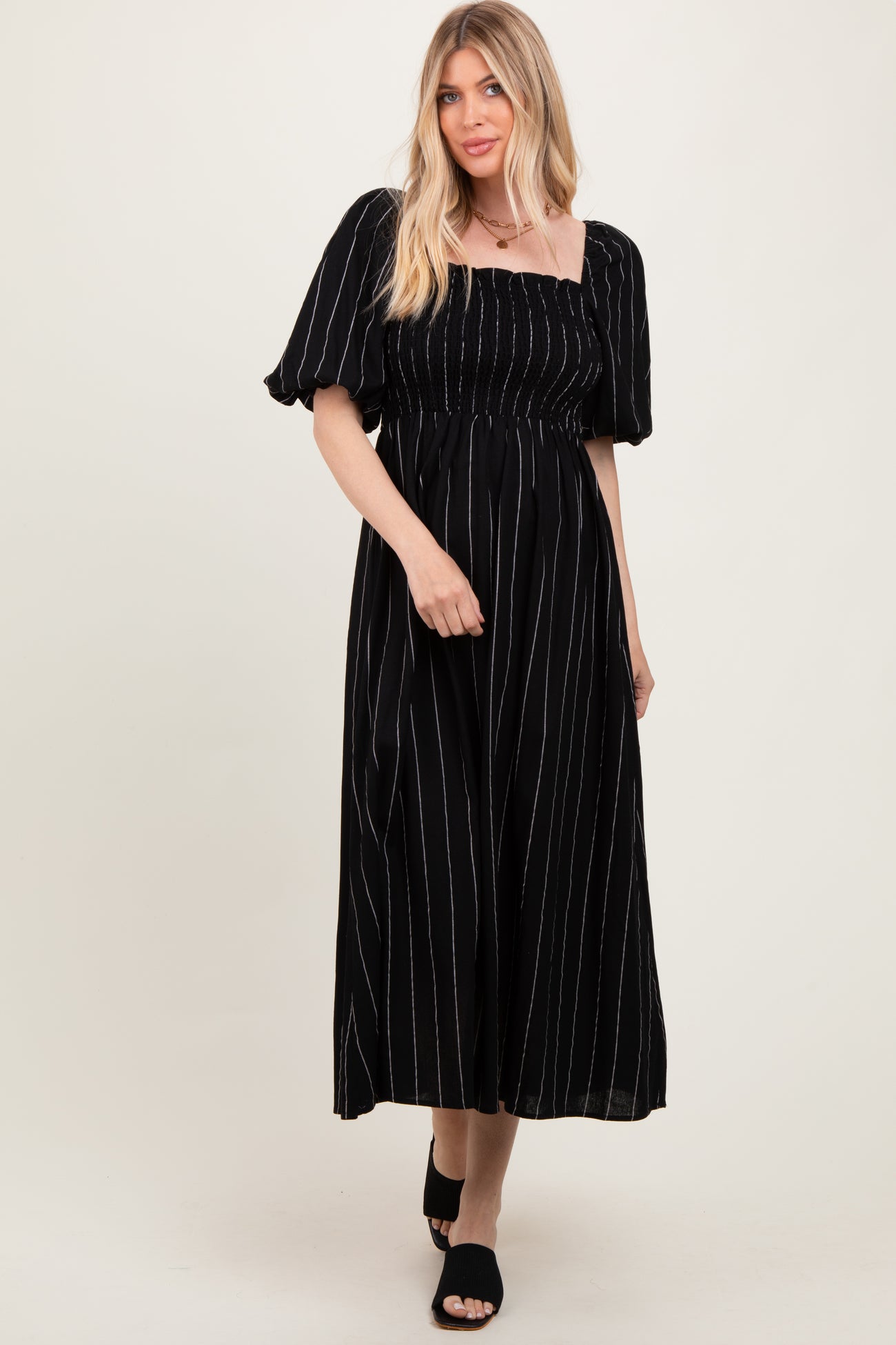 Black Linen Stripe Puff Sleeve Midi Dress