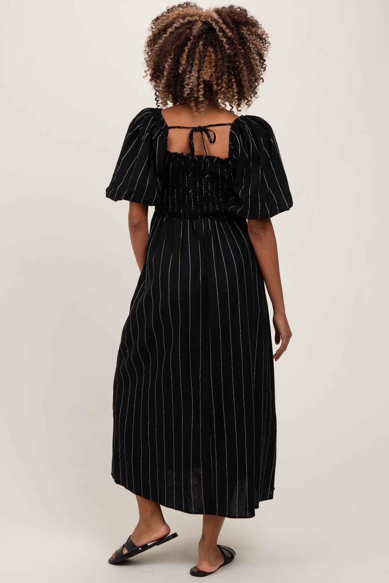 Black Linen Stripe Puff Sleeve Maternity Midi Dress
