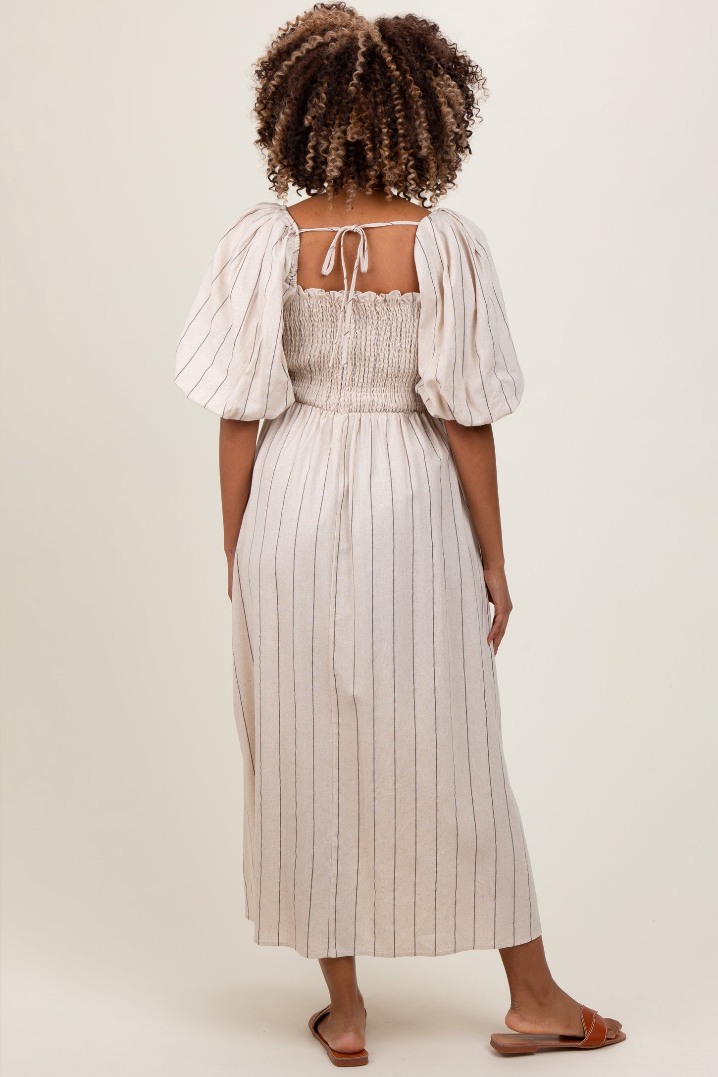 Beige Linen Stripe Puff Sleeve Maternity Midi Dress