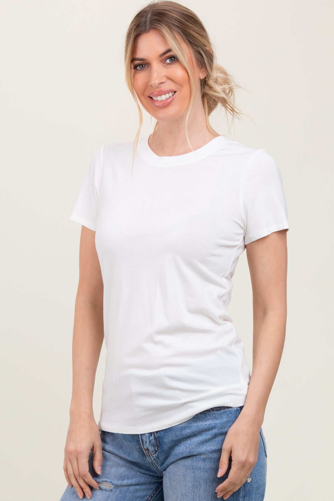 Cream Basic Crew Neck Tee