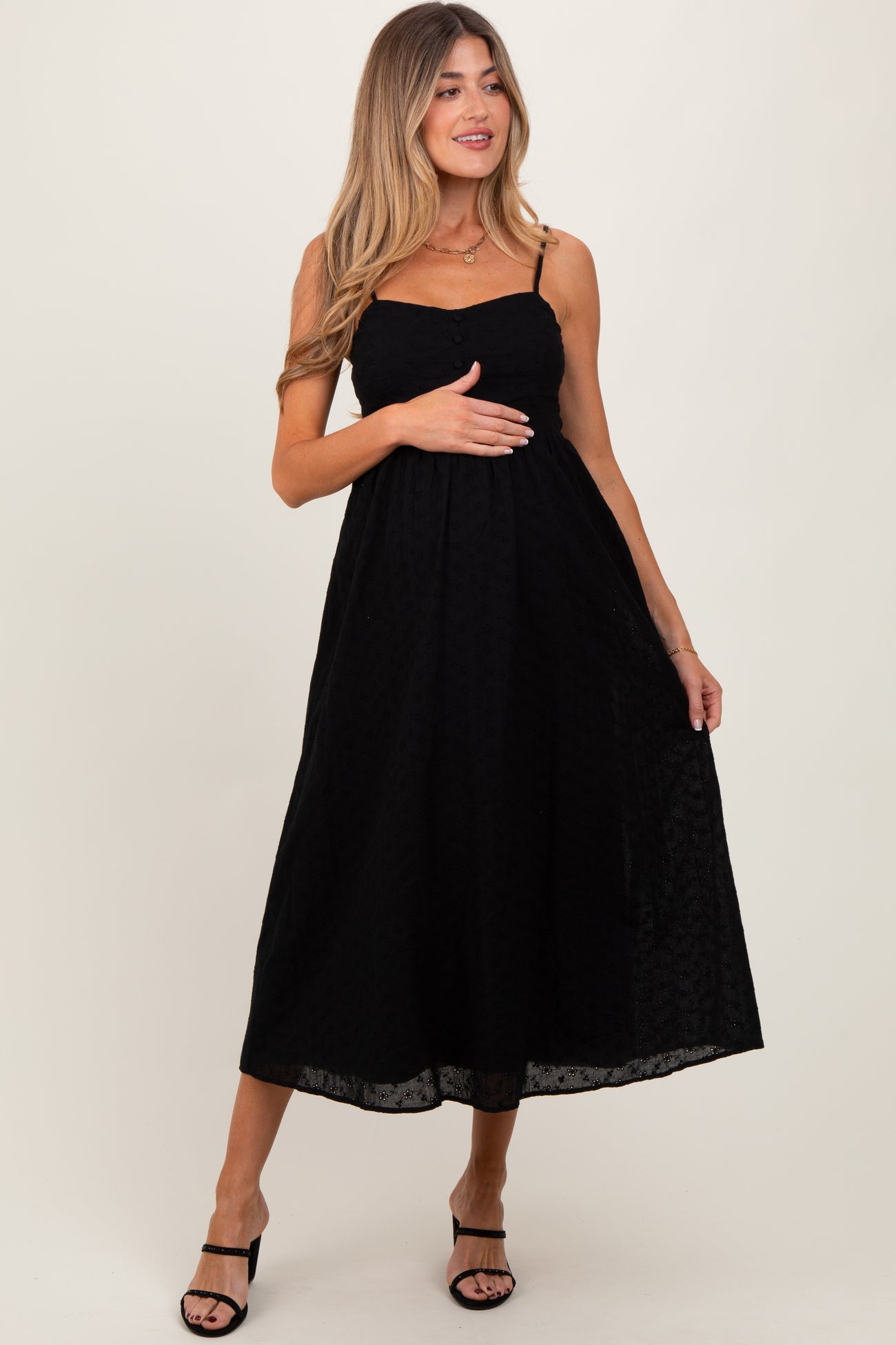 Black Eyelet Front Button Sleeveless Maternity Midi Dress