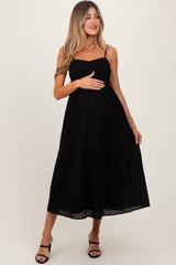 Black Eyelet Front Button Sleeveless Maternity Midi Dress
