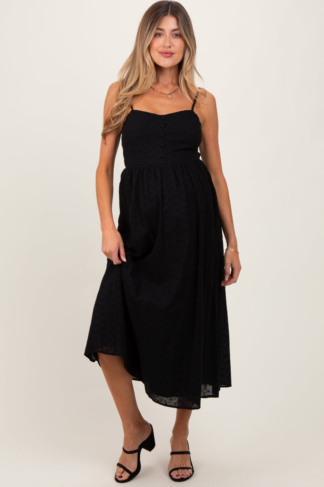 Black Eyelet Front Button Sleeveless Maternity Midi Dress