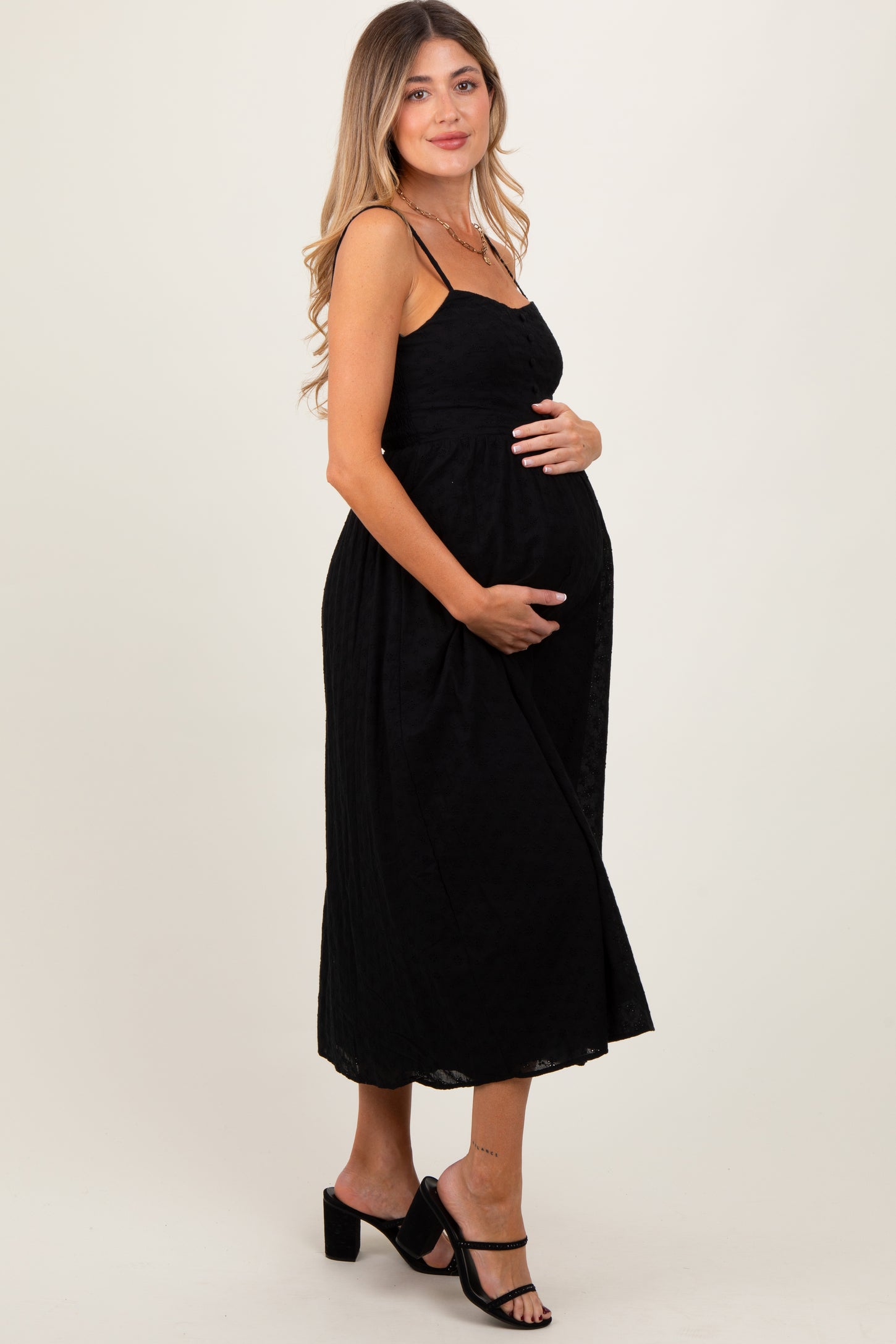 Black Eyelet Front Button Sleeveless Maternity Midi Dress