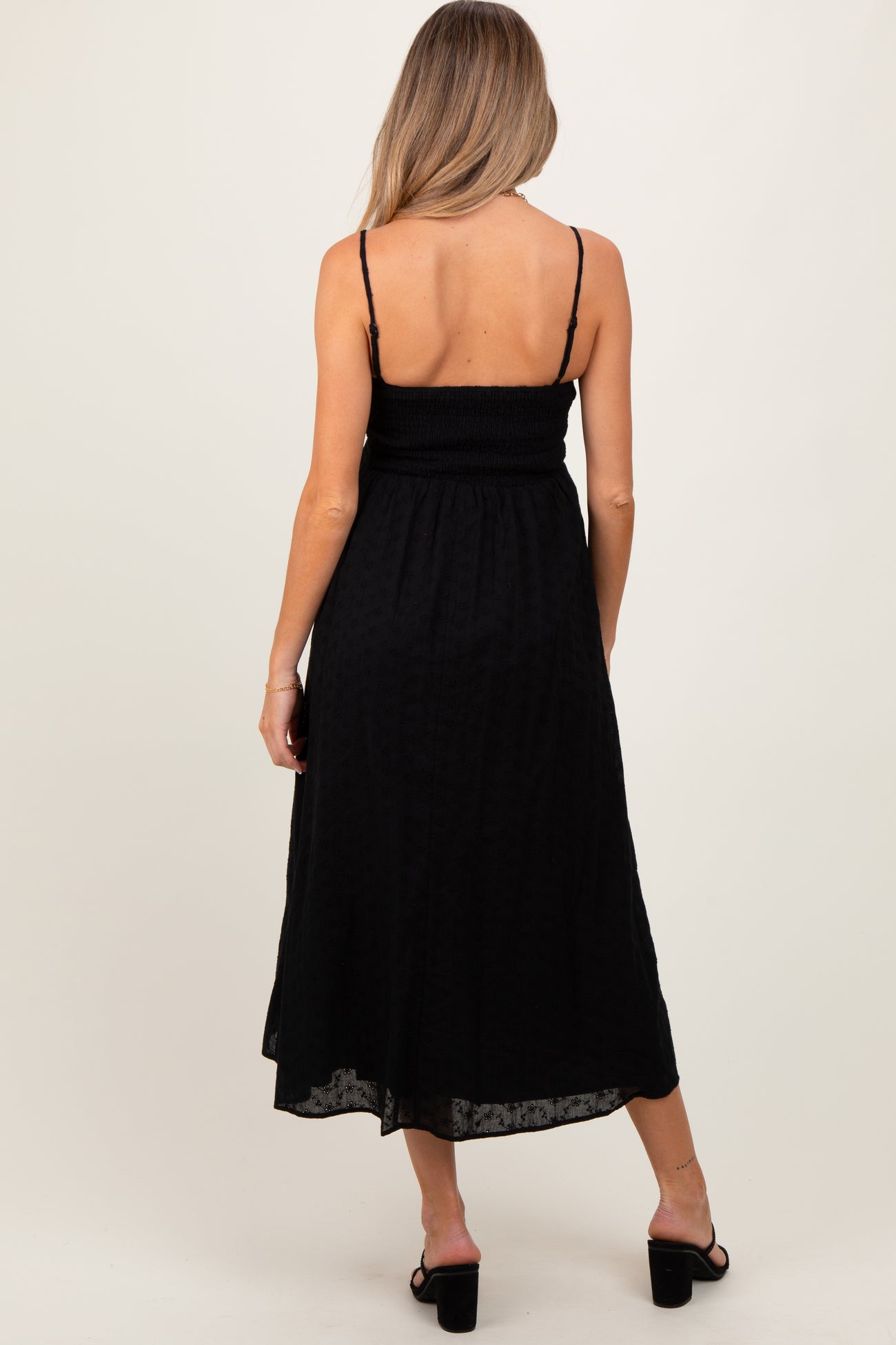 Black Eyelet Front Button Sleeveless Maternity Midi Dress