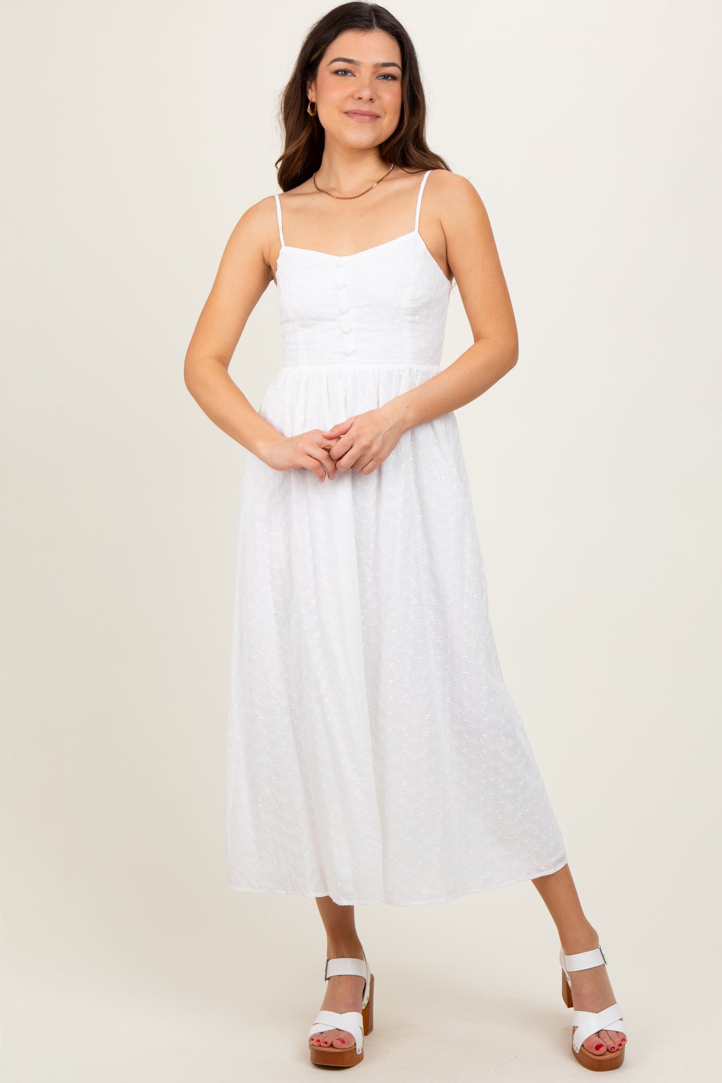 White Eyelet Front Button Sleeveless Maternity Midi Dress