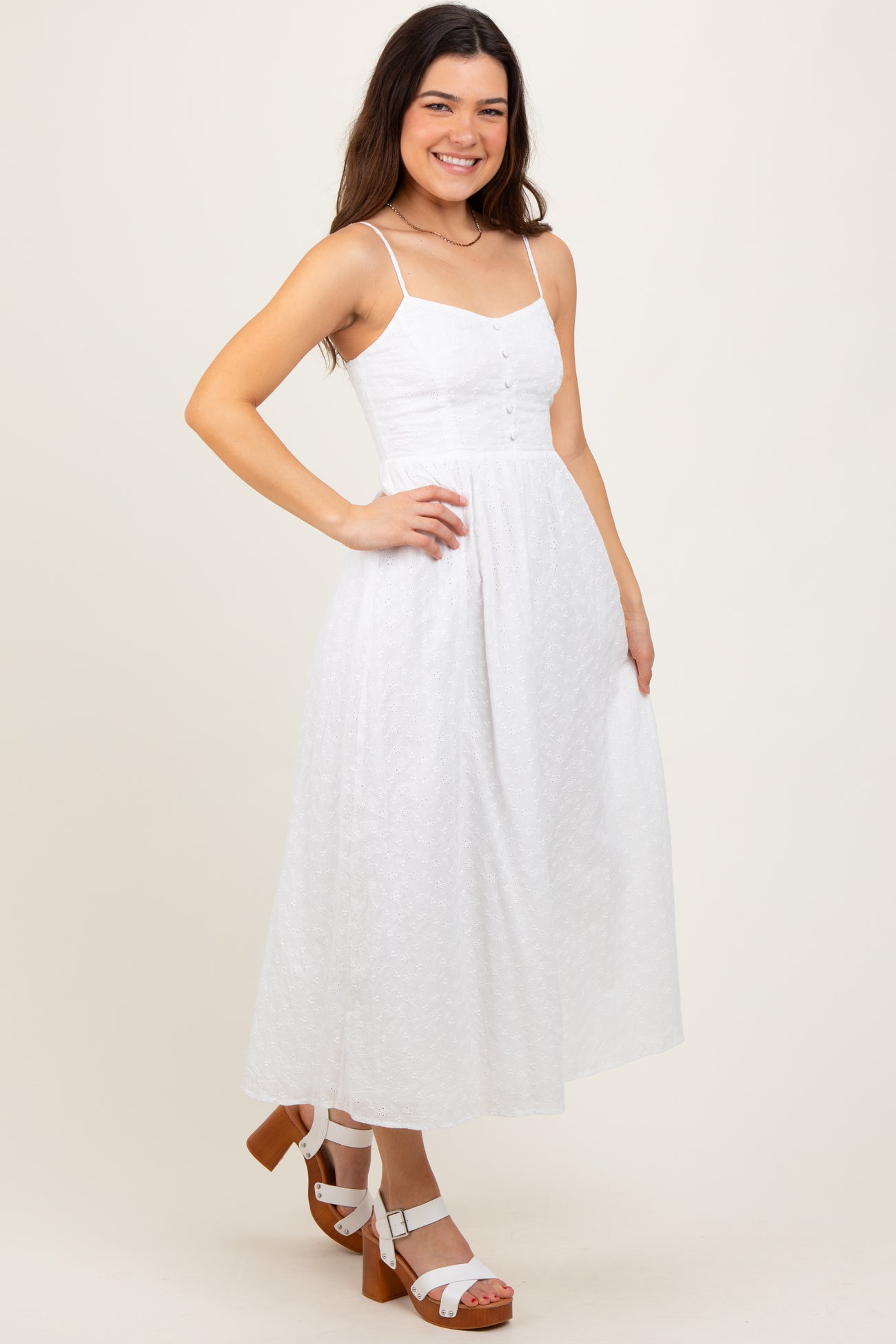 White Eyelet Front Button Sleeveless Midi Dress