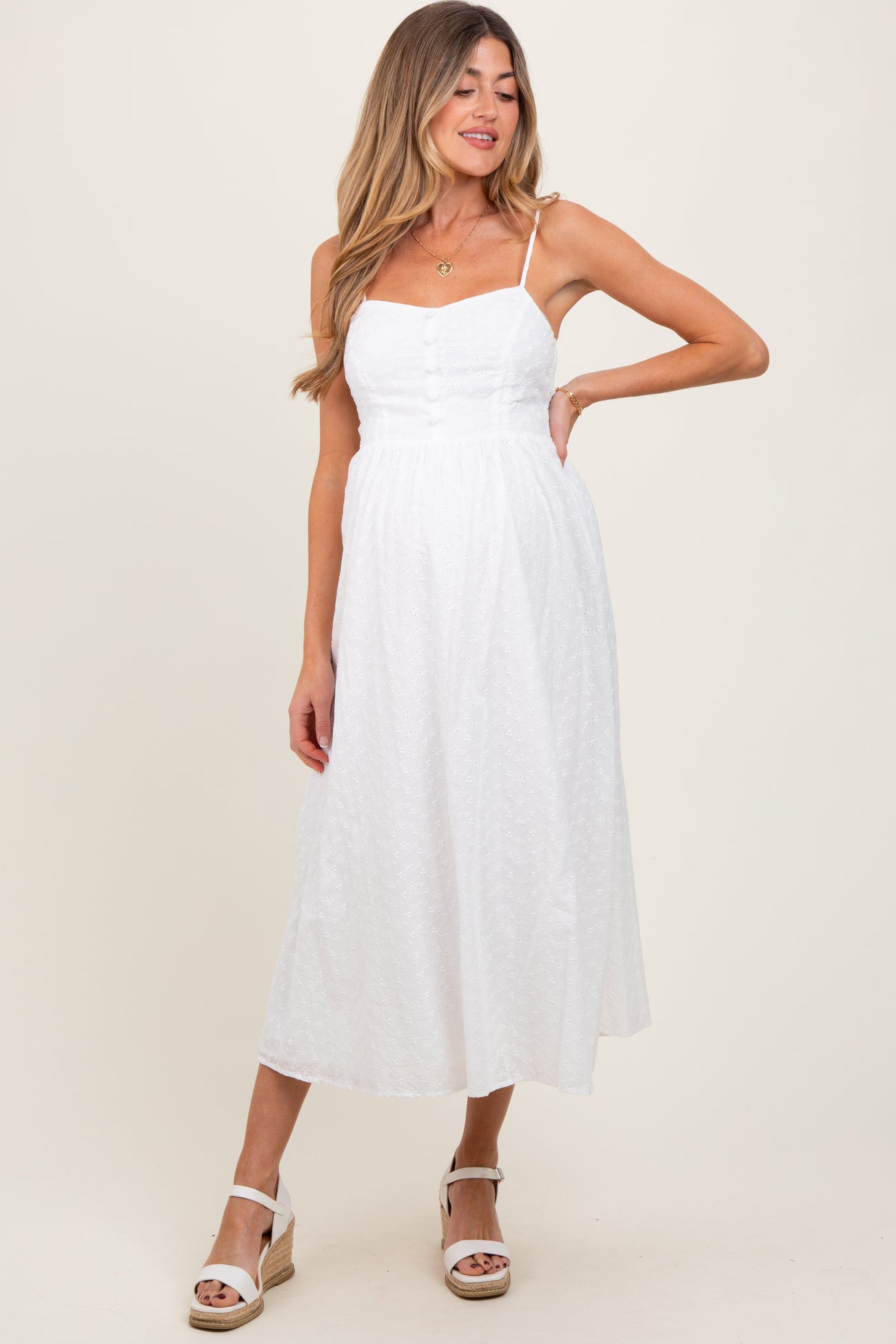 White Eyelet Front Button Sleeveless Maternity Midi Dress