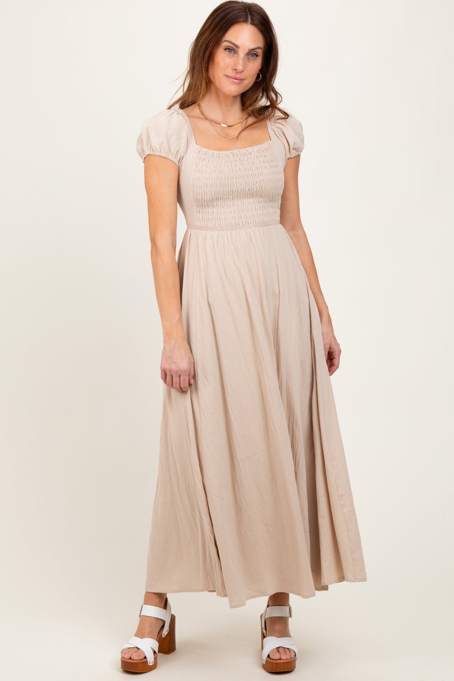 Beige Square Neck Smocked Top Criss Cross Back Tie Maxi Dress