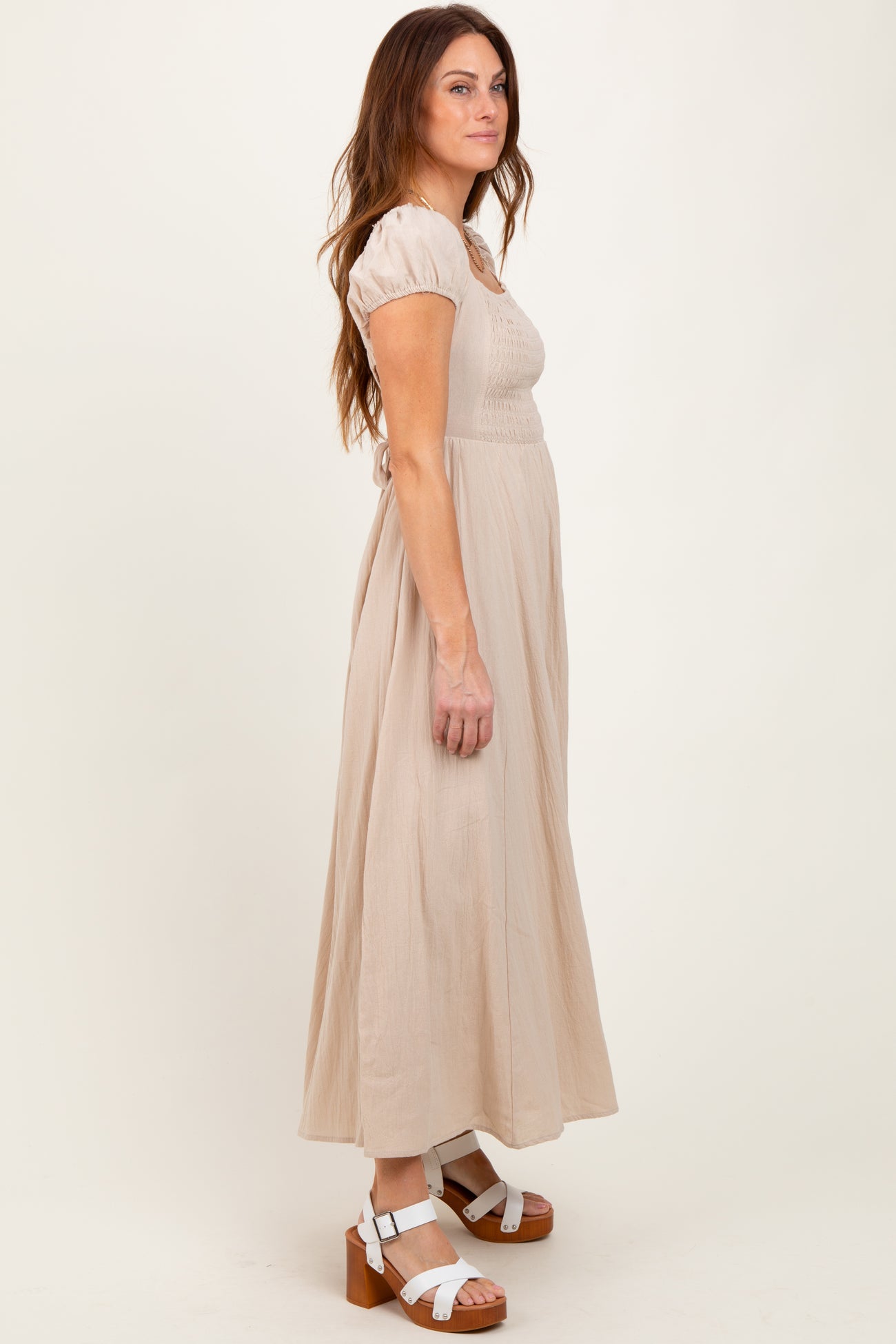 Beige Square Neck Smocked Top Criss Cross Back Tie Maxi Dress