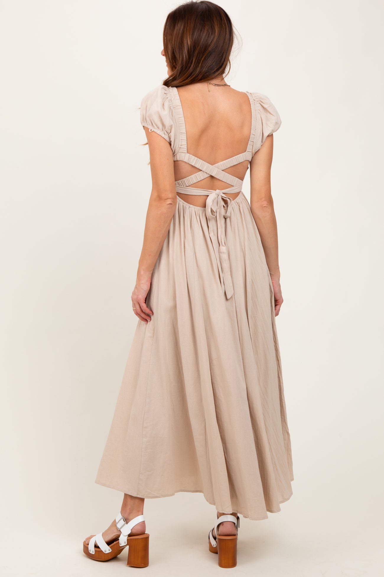 Beige Square Neck Smocked Top Criss Cross Back Tie Maxi Dress
