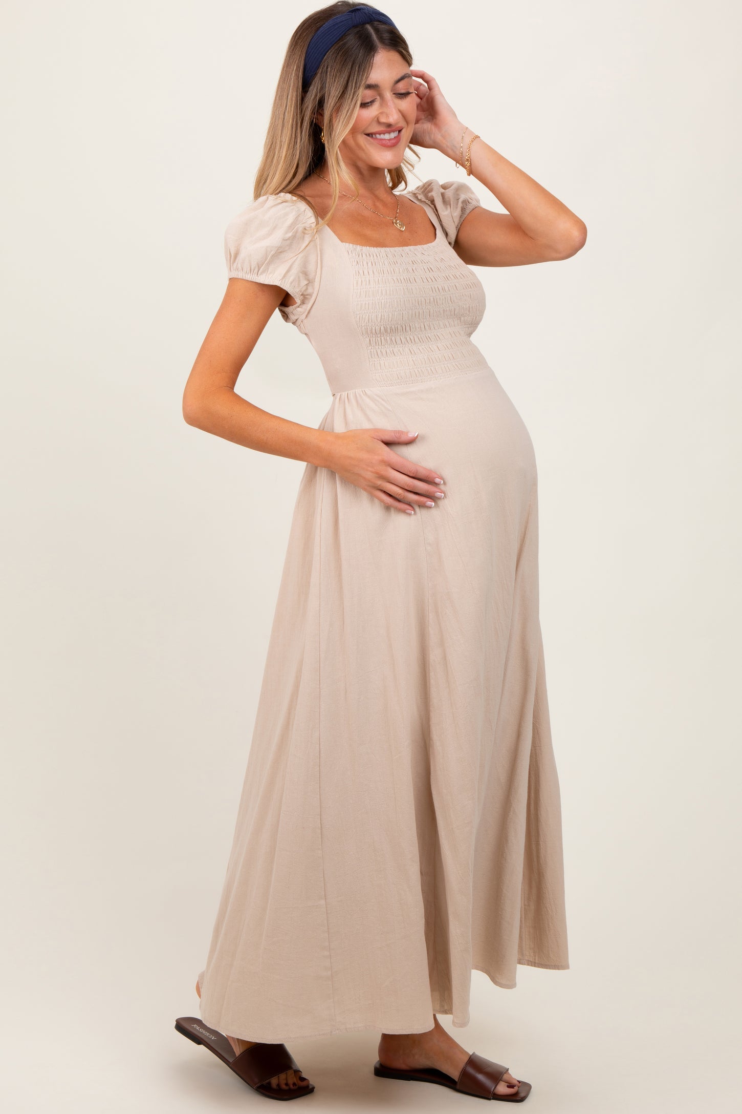 Beige Square Neck Smocked Top Criss Cross Back Tie Maternity Maxi Dress