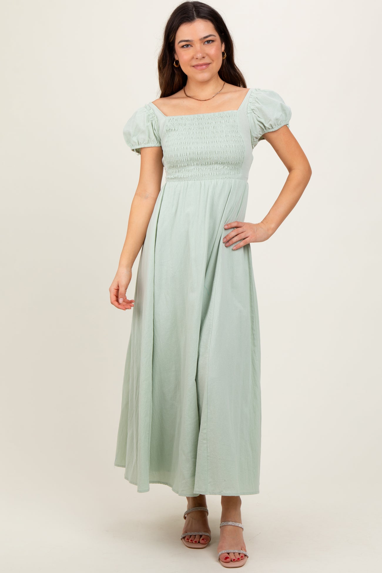 Mint Square Neck Smocked Top Criss Cross Back Tie Maxi Dress