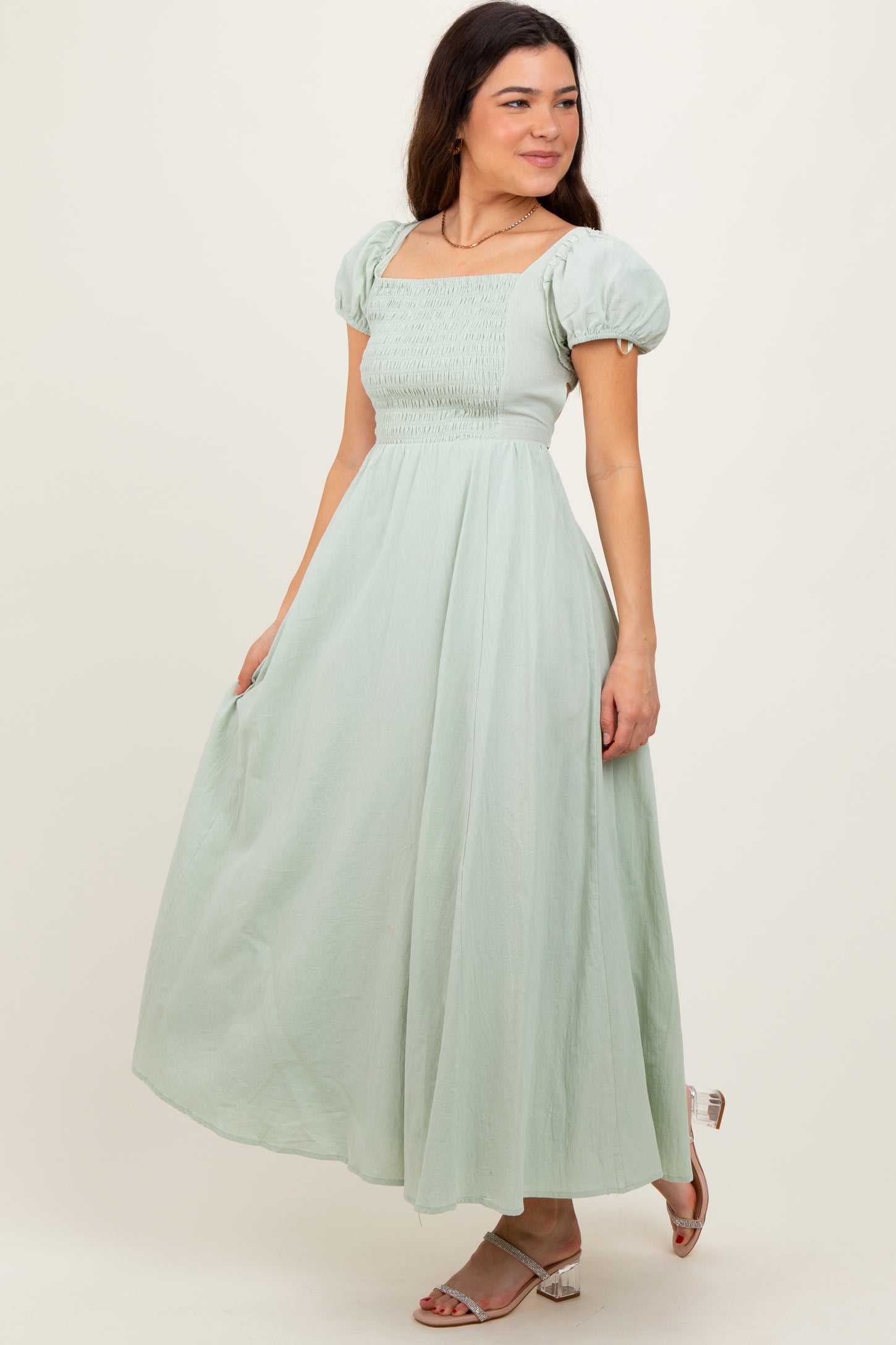 Mint Square Neck Smocked Top Criss Cross Back Tie Maxi Dress