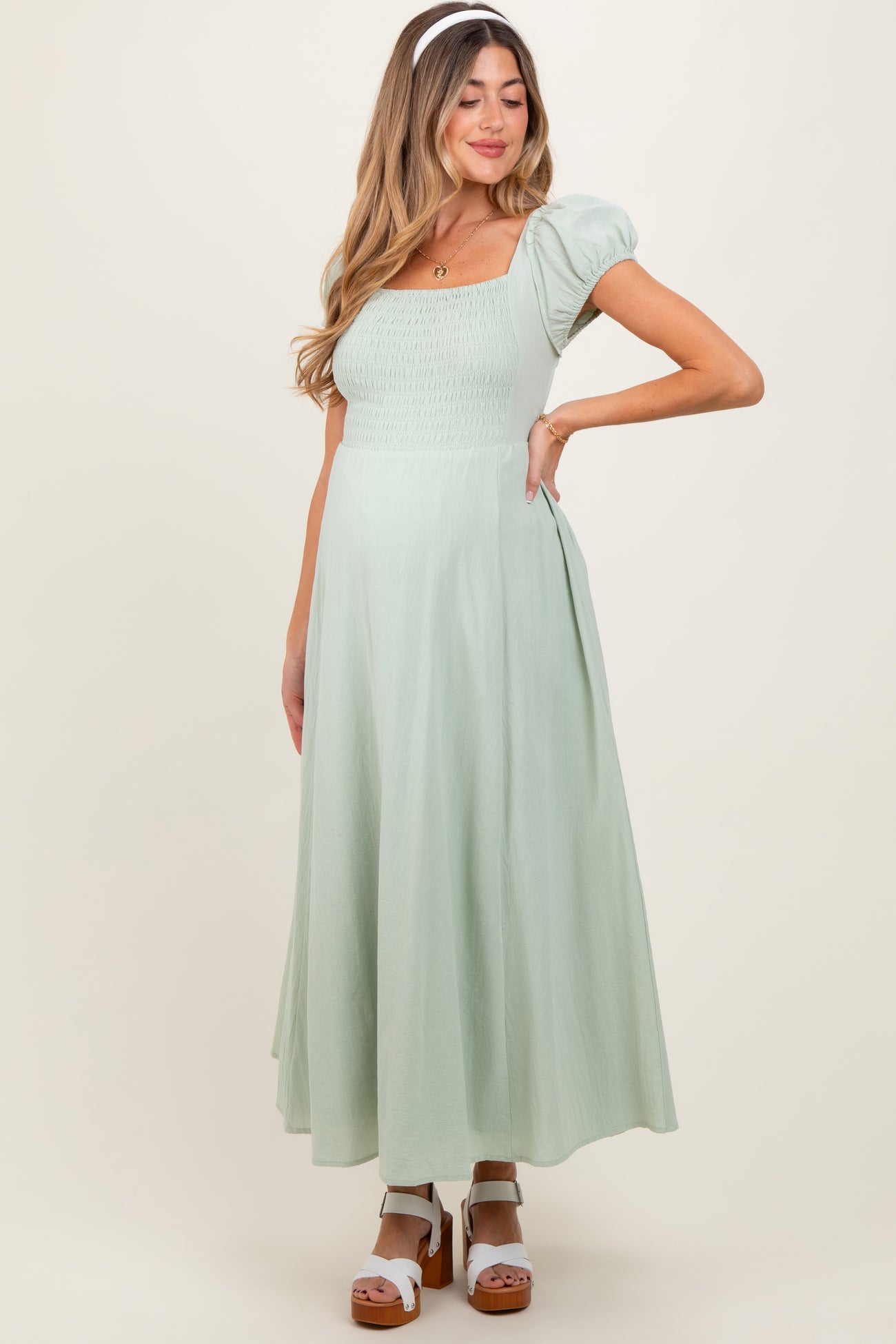 Mint Square Neck Smocked Top Criss Cross Back Tie Maternity Maxi Dress