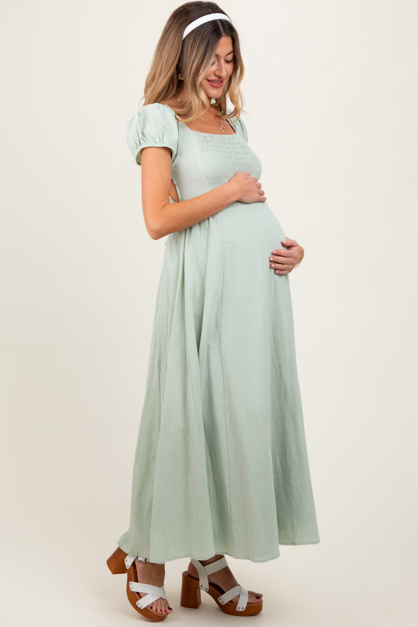 Mint Square Neck Smocked Top Criss Cross Back Tie Maternity Maxi Dress