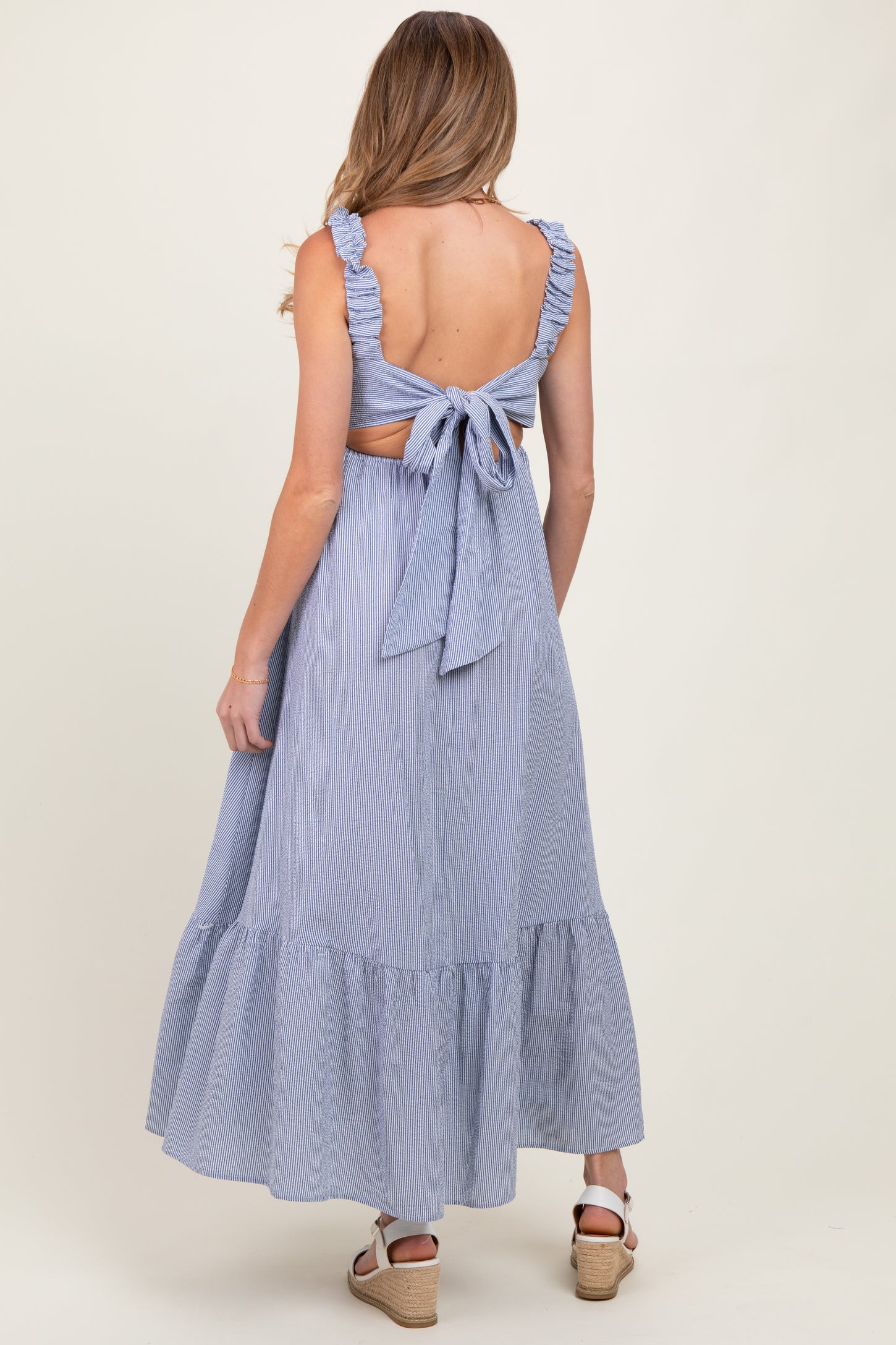 Navy Scrunch Strap Back Tie Ruffle Maternity Maxi Dress