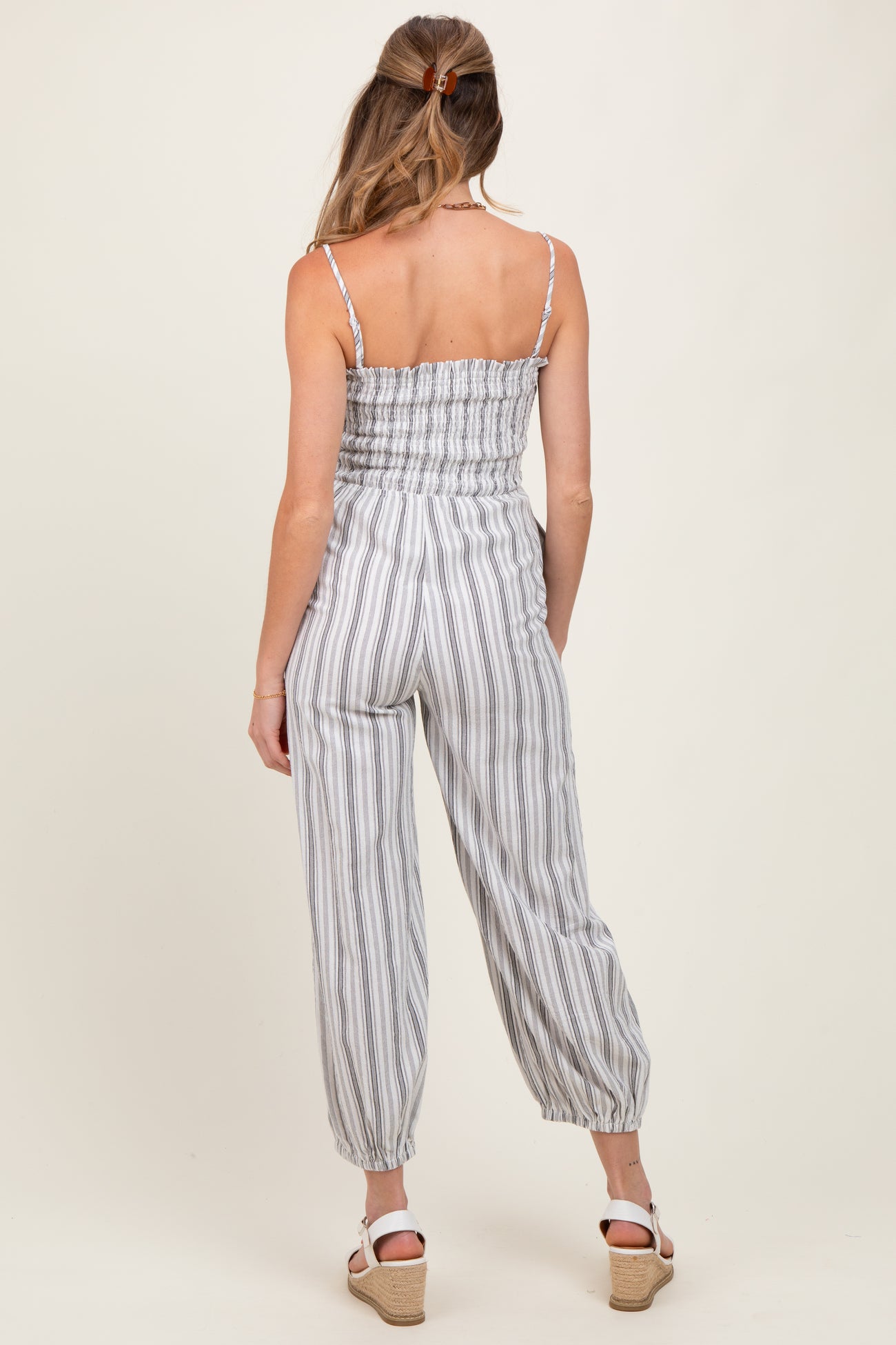 Cream Smocked Striped Balloon Maternity Jumpsuit