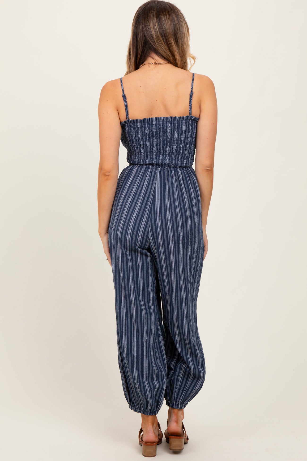 Navy Smocked Striped Balloon Jumpsuit