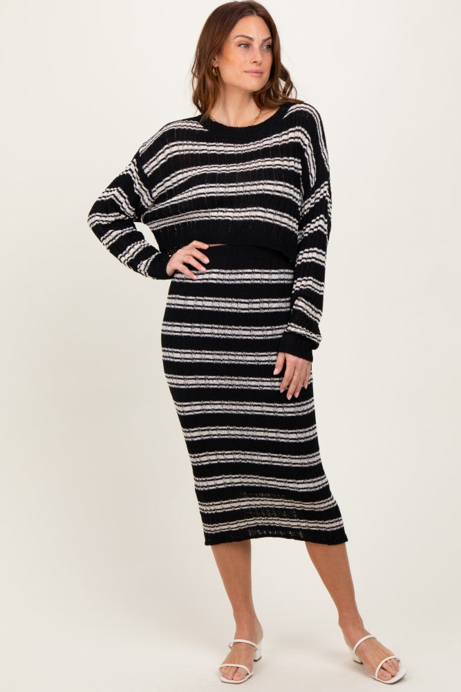 Black/Cream Long Sleeve Crop Top Midi Skirt Set