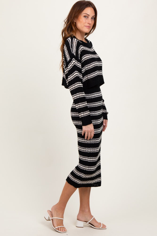 Black/Cream Long Sleeve Crop Top Midi Skirt Set