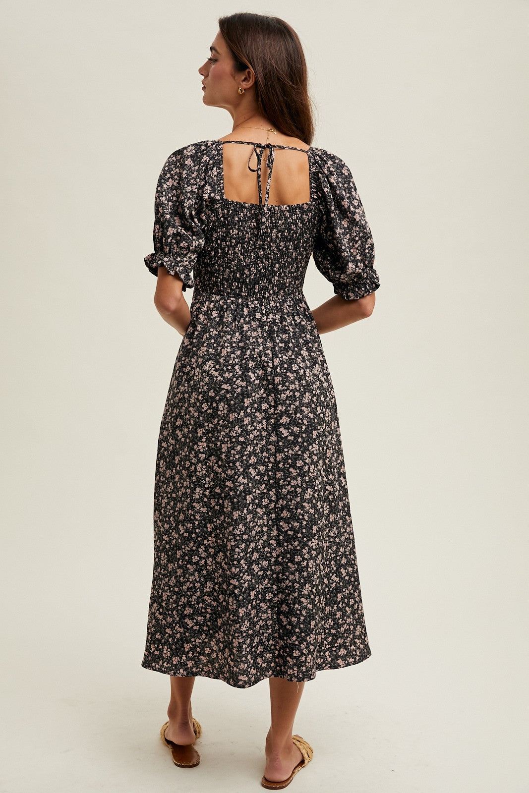Black Floral Smocked Puff Sleeve Midi Dress